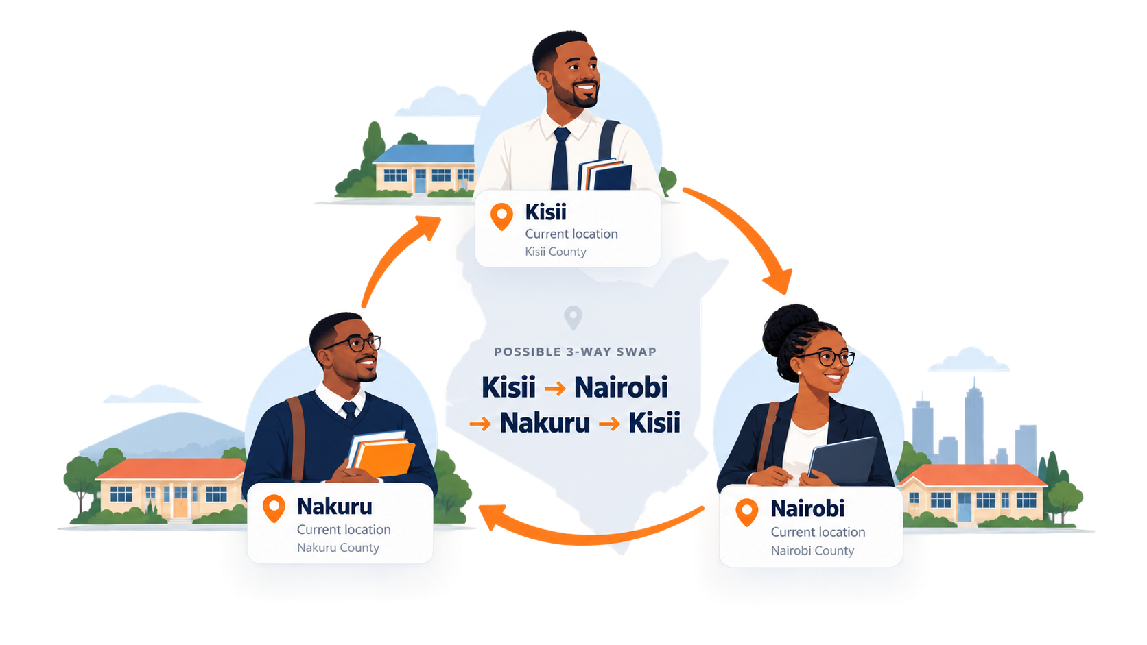 Illustration of a possible three-way TSC teacher swap between Kisii, Nairobi and Nakuru.